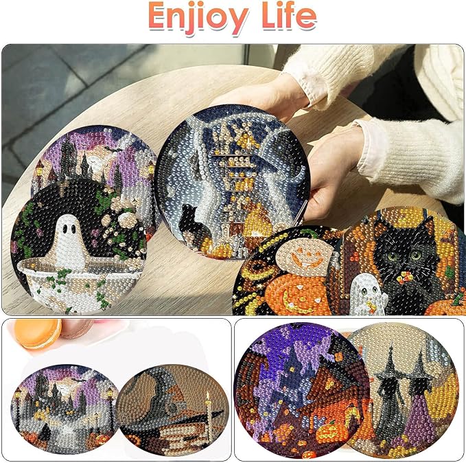 ijbnhd 8 Pcs Halloween Diamond Art Coasters Kits | Halloween Diamond Painting