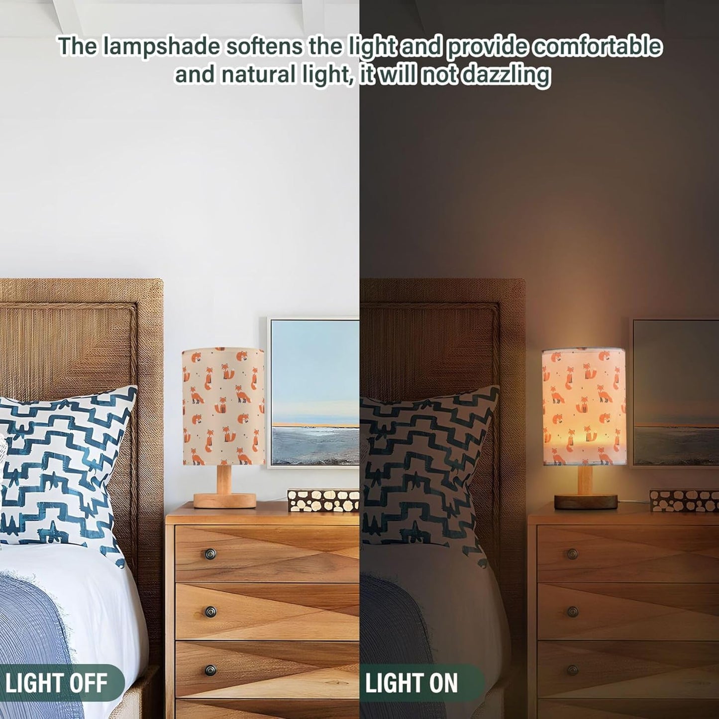 Table Lamp Cute Cartoon Fox with Dot Pattern on Beige Nightstand Lamp with Wood Base Fabric Lamp Shade Bedside Desk Lamp for Living Room Bedroom Kids Room Office