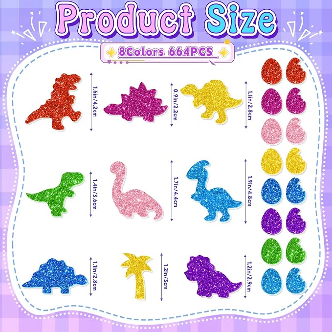 664PCS Glitter Foam Stickers, Colorful Dinosaur Stickers, Self-Adhesive Foam