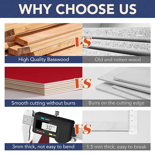 Rowood Colored Plywood Sheets for Laser Cutting, 7 Pack 3mm Thin Unfinished