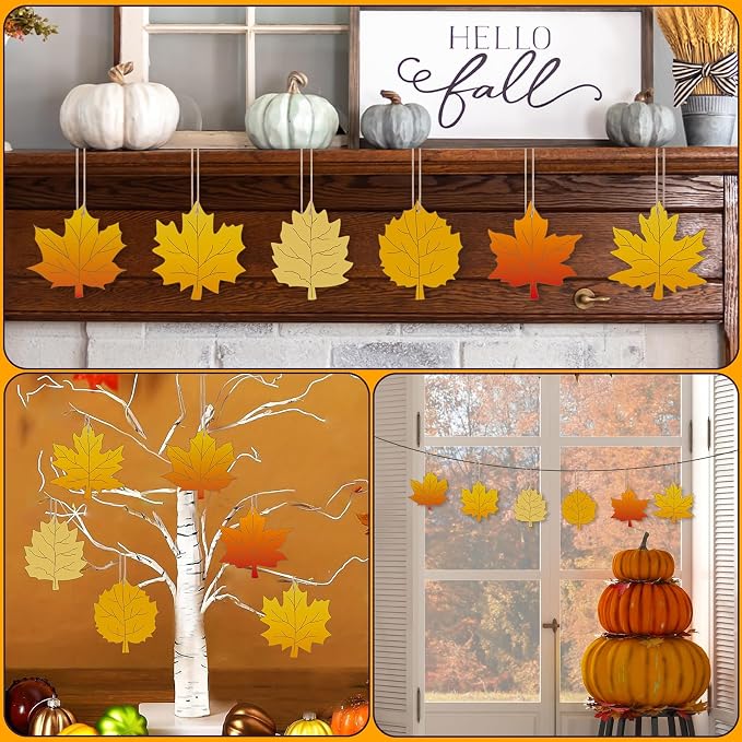 24 PCS Unfinished Wooden Fall Crafts, Maple Leaves Shaped Hanging Ornaments DIY