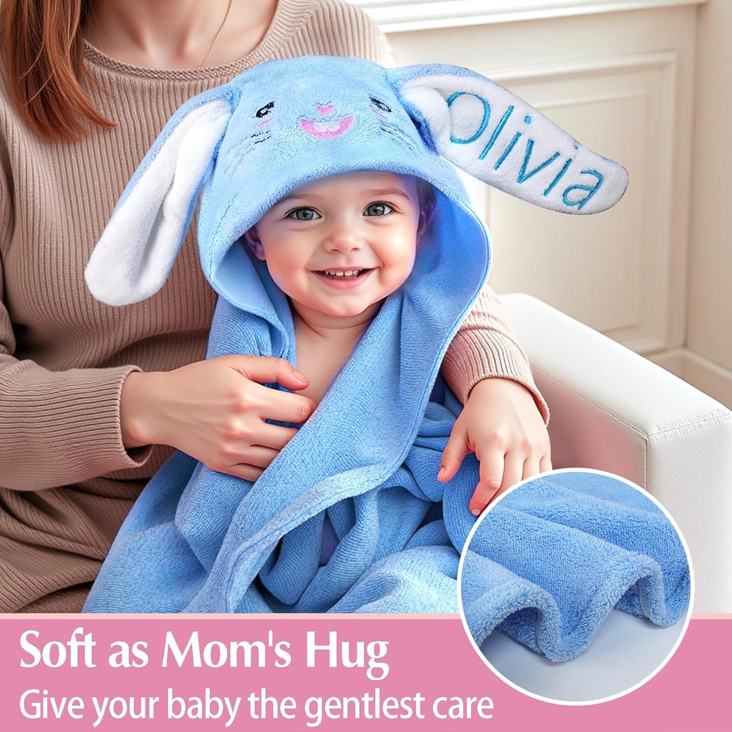Custom Hooded Bath Towel with Name, Personalized Highly Absorbent Bunny Towels, Baby Bath Towels for Girls Boys, Easter Brithday Shower Gifts for Baby, Toddler, Newborn (Blue)