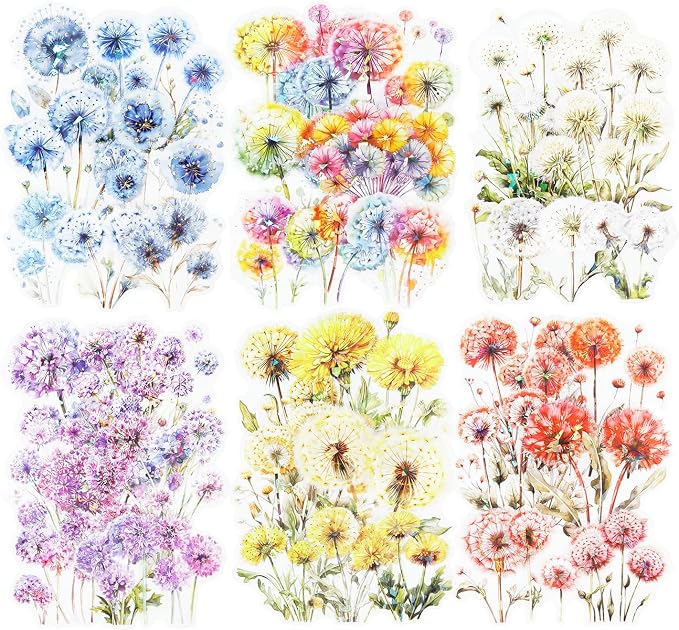 Dandelion Floral PET Stickers Set, Journaling, DIY Crafts, and Art Supplies