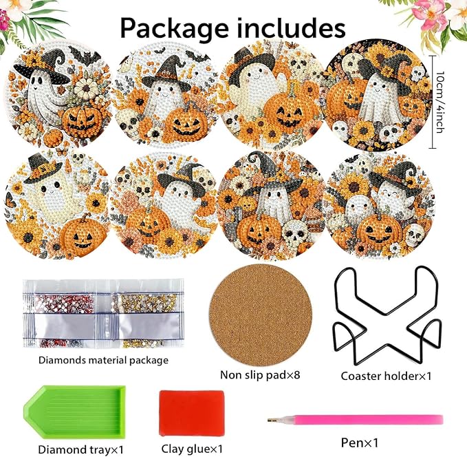 8 Pack Halloween Diamond Art Coasters, Ghost Diamond Painting Coasters Kits |