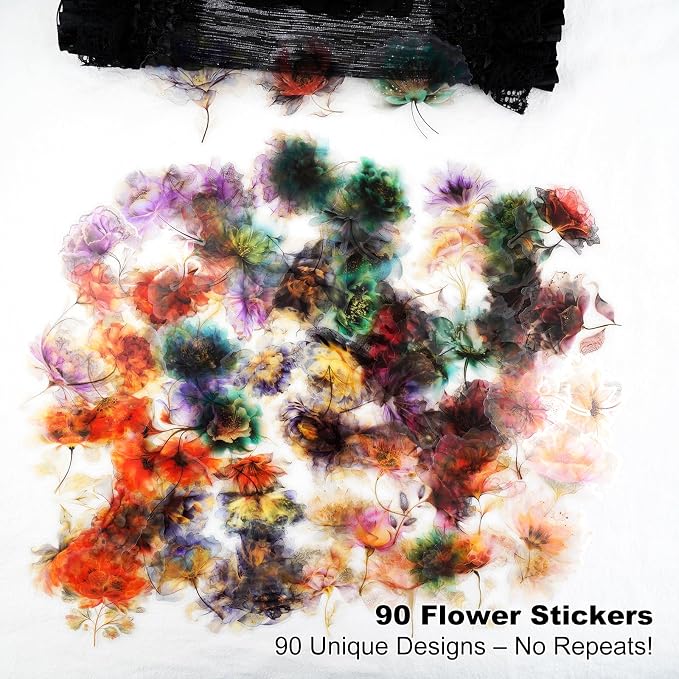 90PCS Flower PET Stickers, Waterproof Transparent Floral Designs