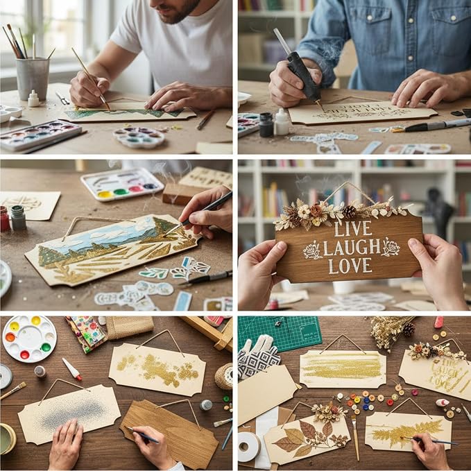 Patelai 20 Pcs Unfinished Hanging Wood Sign 9.8 x 3.9 Inch Rectangle Blank