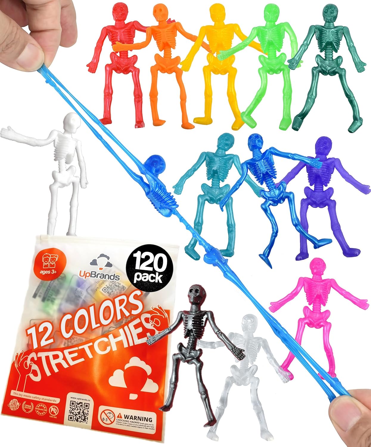 UpBrands 120 Halloween Stretchy Skeleton Toys – Safe Bulk Party Favors for Kids, Spooky Mini Skeleton Decorations, Trick-or-Treat Giveaways, Party Bag Fillers and Classroom Incentives