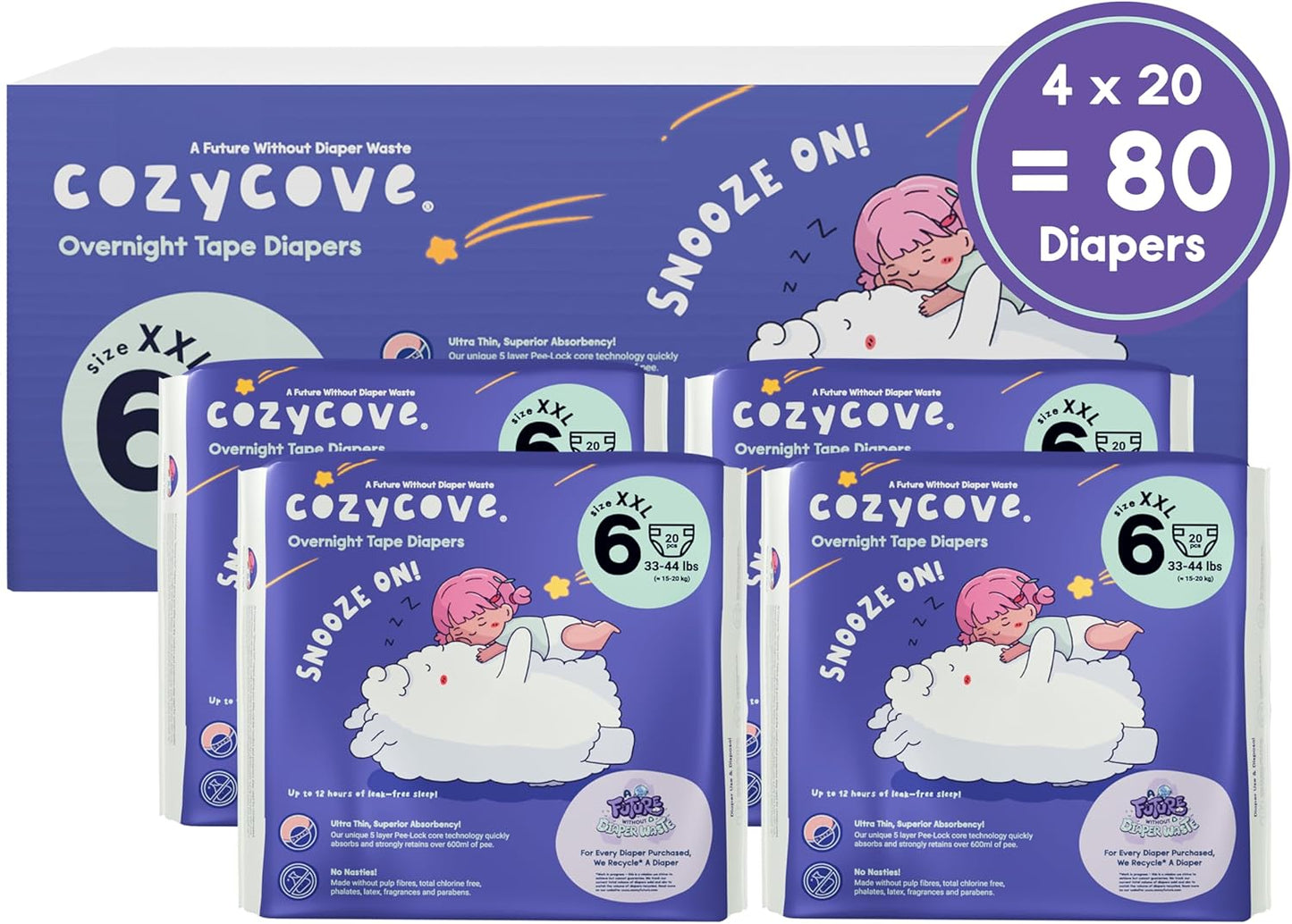 Cozycove Size 6 Diapers, Snooze On Slim Overnight Tape Diapers, Size 6 (33-44 lbs), 80 Count (4 Packs of 20)