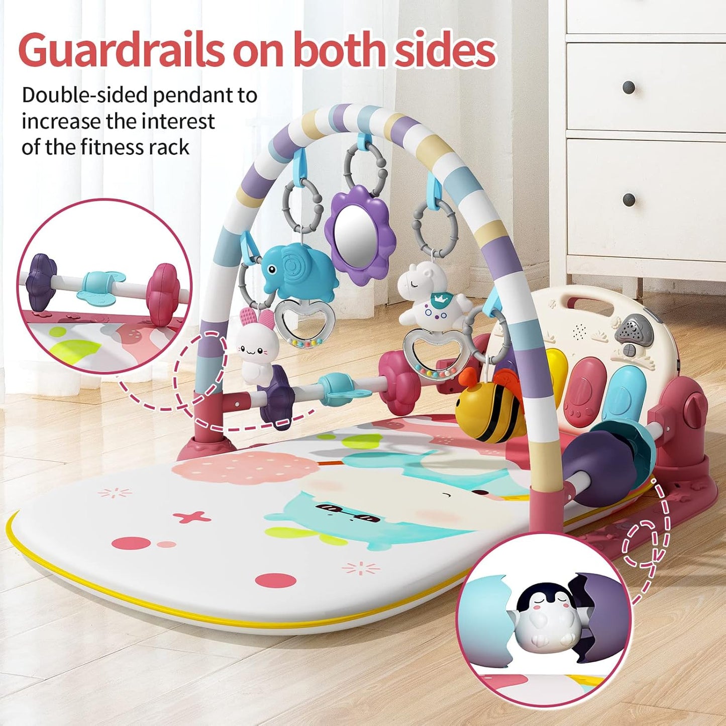 Baby Gym With Kick and Play Piano - Activity Mat for Tummy Time With 5 Infant Learning Sensory, Music and Lights for Newborn Boy or Girl (Pink)