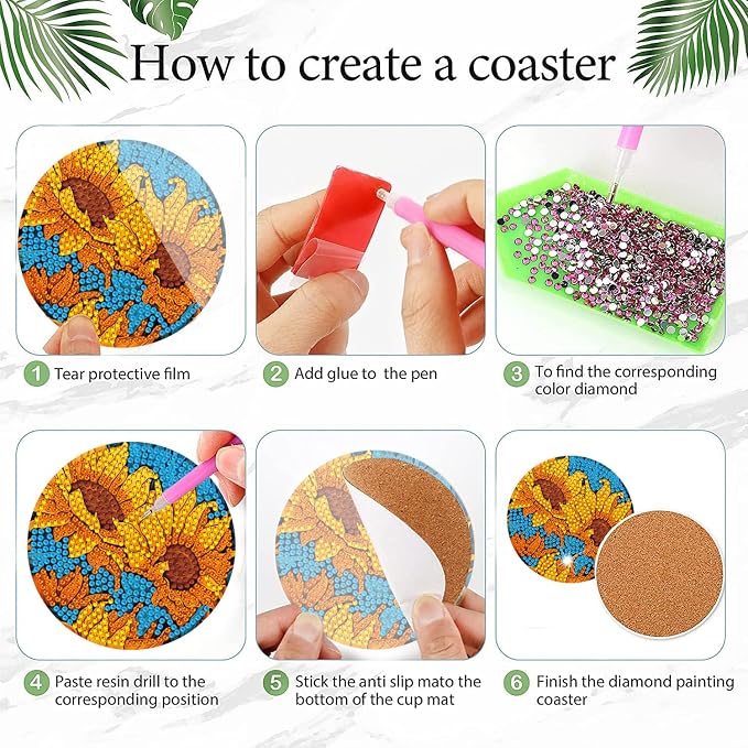 EWJRNSF 6 PCS Sunflower Diamond Painting Coasters Kit