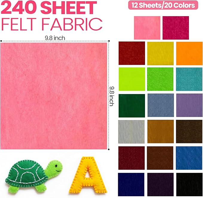 Moukeren 240 Pcs 9.8 x 9.8 Inch Felt Sheets Bulk