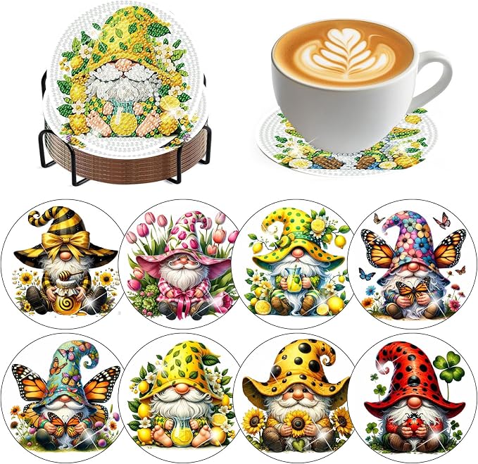 ijbnhd 8 PCS Diamond Art Coasters Gnomes Diamond Painting Coasters | Diamond