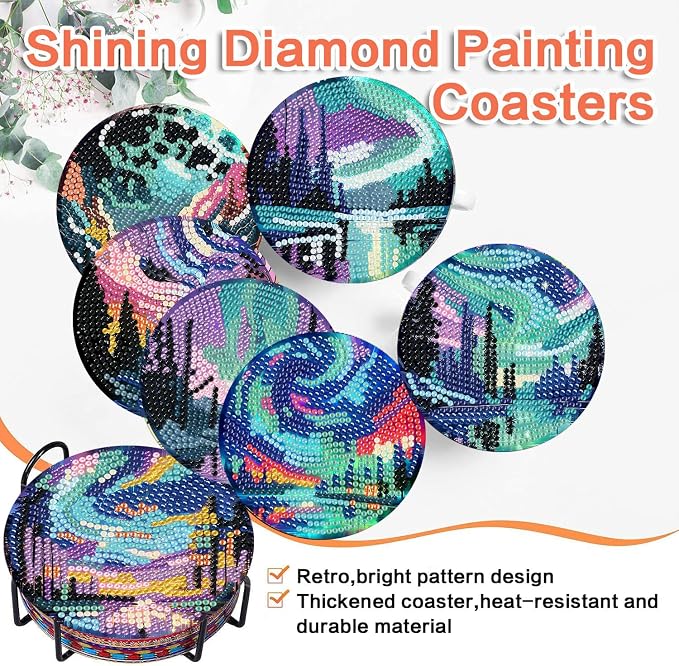 ijbnhd 8 Pcs Aurora Diamond Art Coasters Kits Landscape 4x4 inch | Diamond