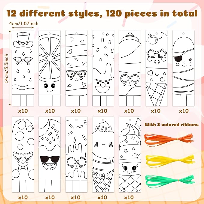 120Pcs Ice Cream Color Your Own Bookmarks