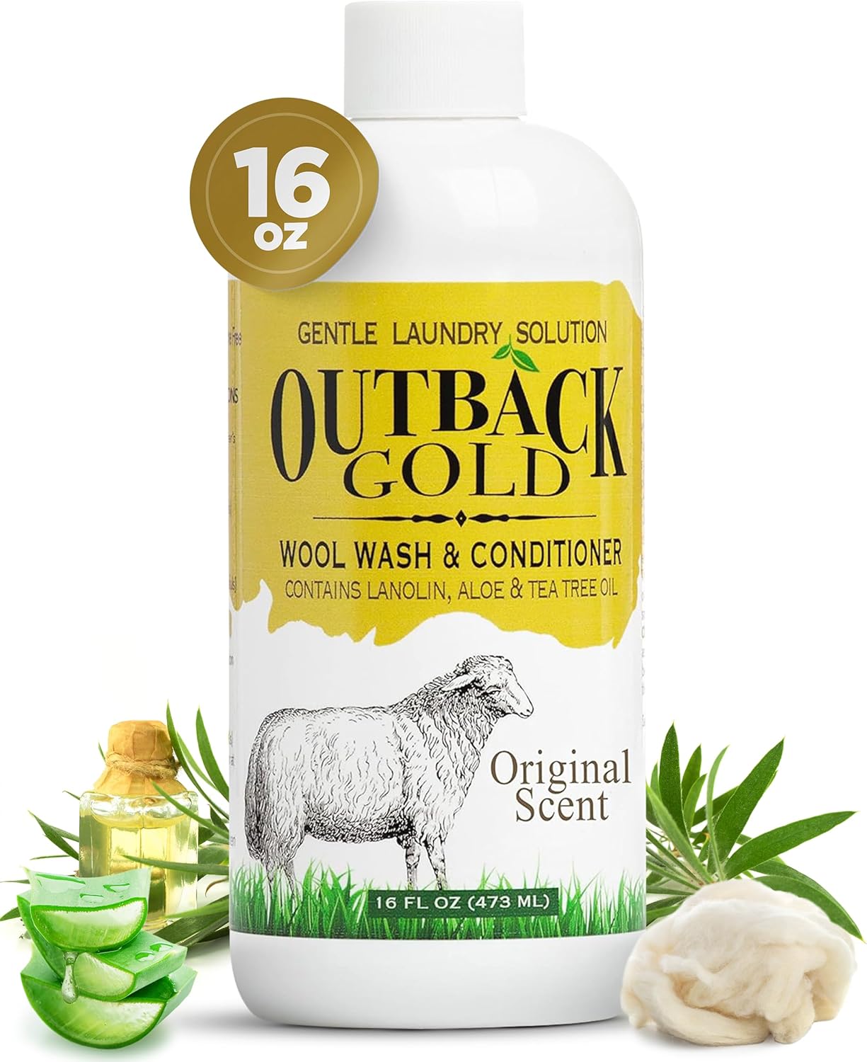 Outback Gold Wool Wash, 16 oz, Original Floral Scent, Plant Based, HE Compatible, Liquid Laundry Detergent, Perfect Soap for Wool, Cashmere, Silk, Sheepskin, Baby Items, Mild, Neutral pH, Made in USA