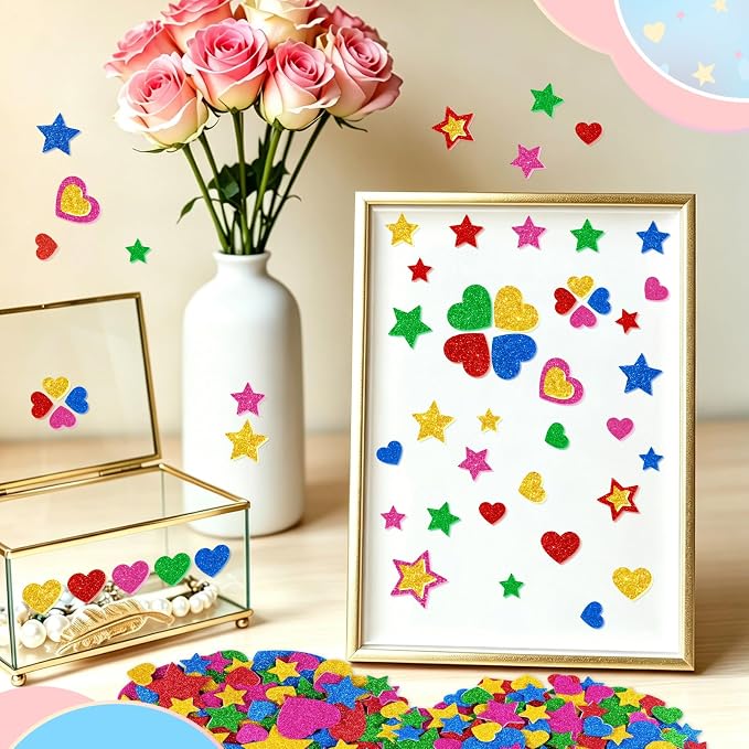 625Pcs Foam Stickers Glitter Colorful Heart Star Shapes Stickers 5Sheets 3D