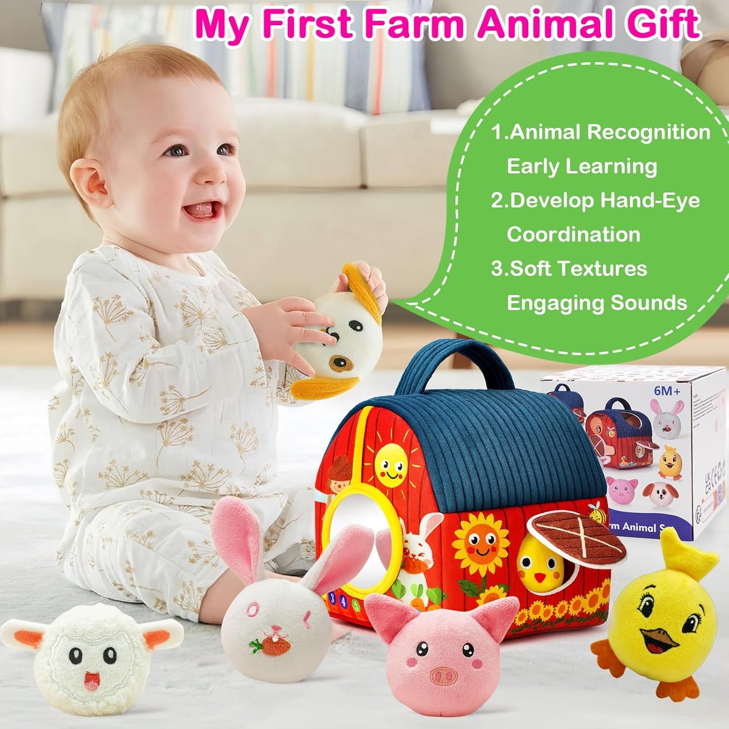 Baby Toys 6-12 Months Plush Barn with Stuffed Farm Animals Crinkle, Rattle & Mirror Montessori Toys Developmental Sensory Toys for 6 Month Old Boys Girls Babies & Toddlers
