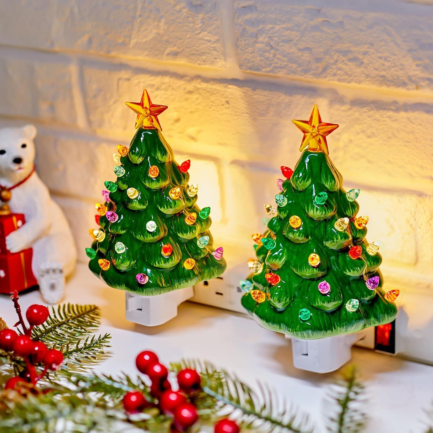 Brightown Ceramic Christmas Tree Night Light - 2 Pack Christmas Decorative Ceramic Tree with ON/Off Switch, Vintage Christmas Night Light for Bedroom Porch Holiday Decor