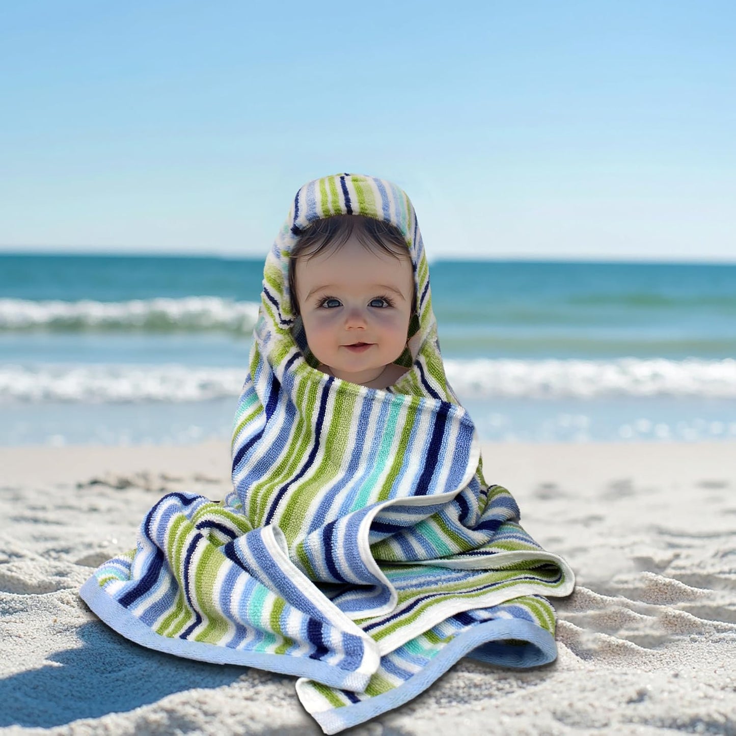 ORIGINAL KIDS Hooded Baby Towel for Newborn - 100% Cotton Large Baby Bath Towels with Hood for Boys, Girls, Infants, Toddler - Extra Absorbent & Soft Newborn Bath Essentials - Large 24x30 - Blue Multi