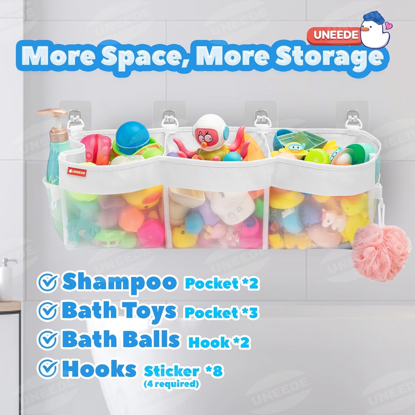 UNEEDE 3 Compartment Horizontal Bath Toy Organizer for Tub,Extra Large Capacity 4.95 Gallons Bath Toy Storage Holder,Mesh Quick Dry Bathtub Storage and Organizer,Easy Access Baby Bathtub Holder