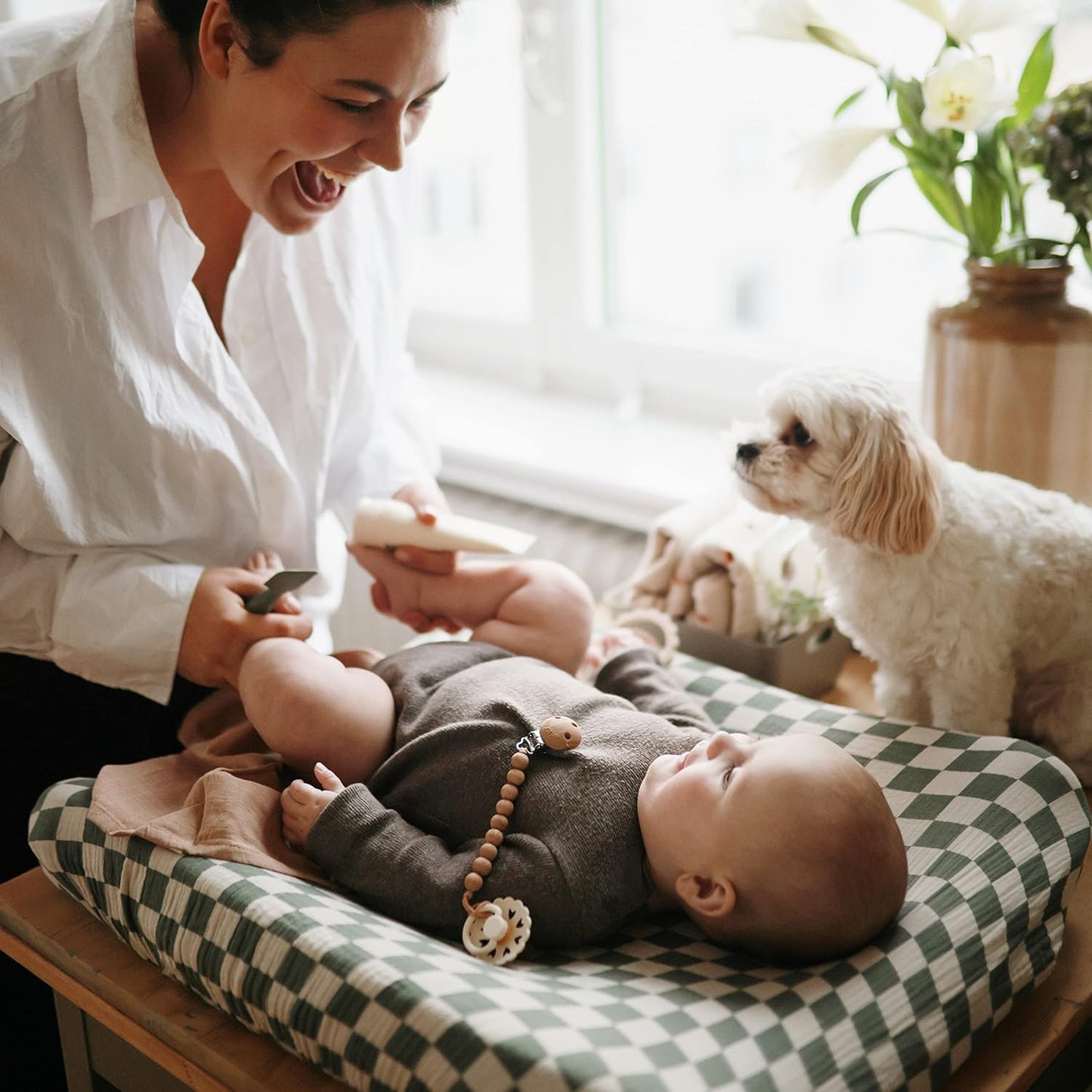 mushie Extra Soft Muslin Fitted Changing Pad Cover (Olive Check)