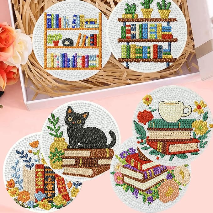 8 Pack Diamond Art Coasters, Bookshelf Diamond Painting Coasters Kits | Books