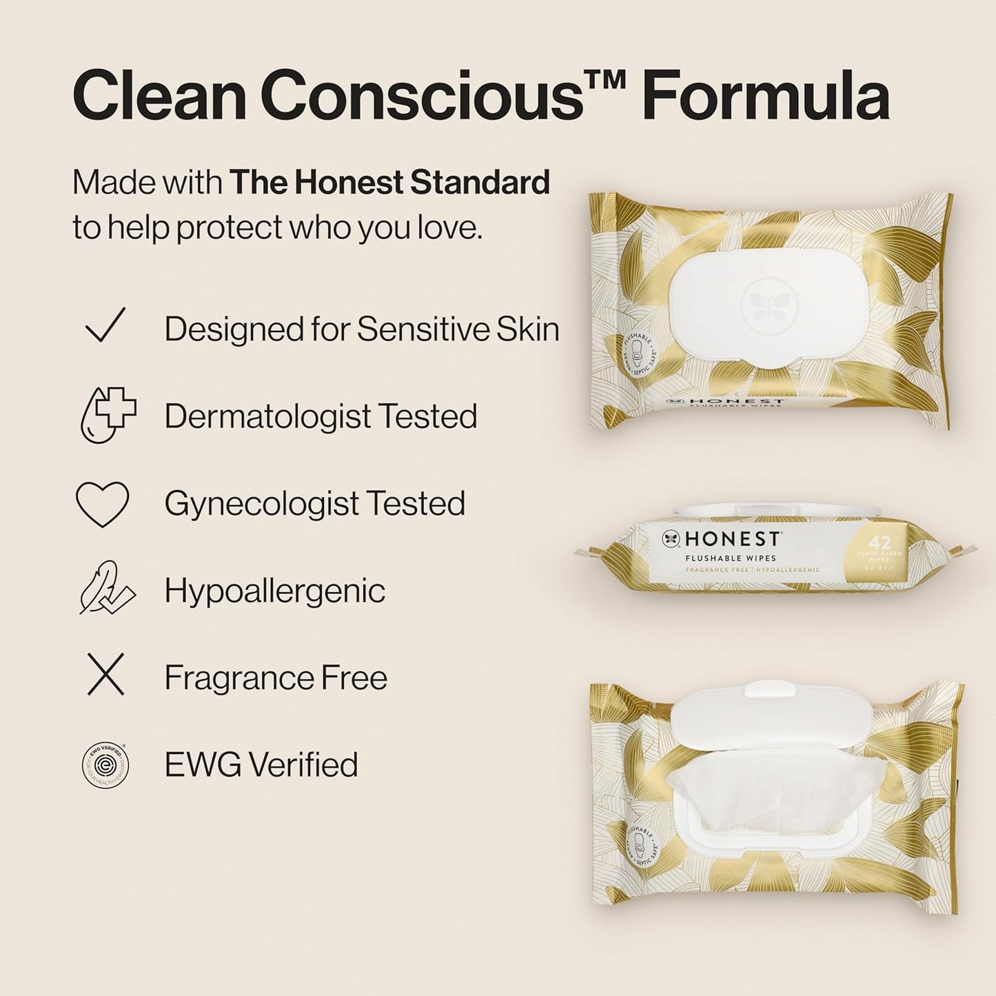 The Honest Company Flushable Wipes for Sensitive Skin, Fragrance-Free Hypoallergenic pH-Balanced Feminine Wipes, 99% Water Safe-to-Flush Wipes, Gilded Wings, 126 Count