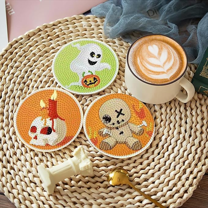 Clendo 8 PCS Halloween Diamond Art Coasters Kits, Cute Diamond Painting Coaster