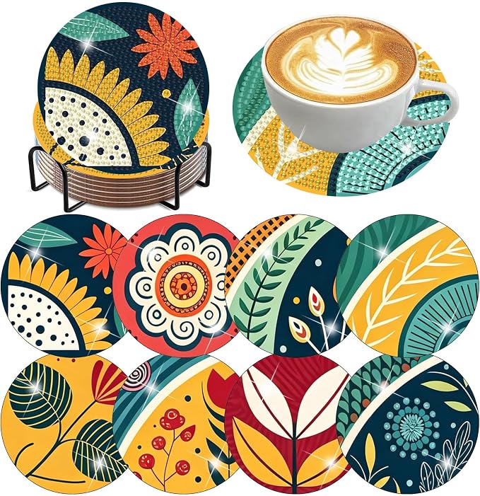 Zythron 8 Pack Diamond Art Coasters Kits, Flowers Diamond Painting Coasters |