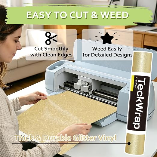 TECKWRAP Gold Glitter Permanent Vinyl 12" x 5ft Roll, Shimmer Gold Adhesive