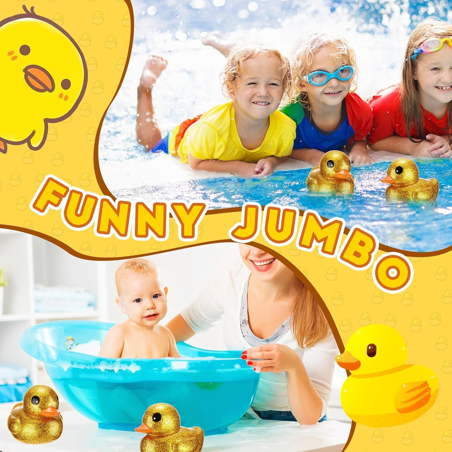 Honoson 2 Pcs 6.89 Inch Giant Glitter Rubber Ducks Big Sparkly Rubber Ducks Jumbo Bathtub Toys with Squeaky Sound for Baby Shower Pool Activity Birthday Gift(Glitter,Gold)