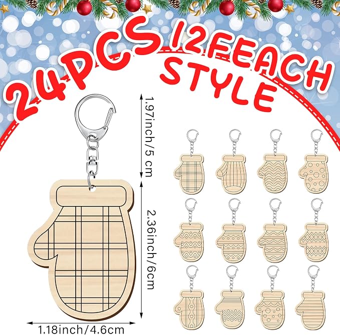RattanView 24 Pcs Mitten Craft Color Your Own Keychains Diy Craft Wooden Blank