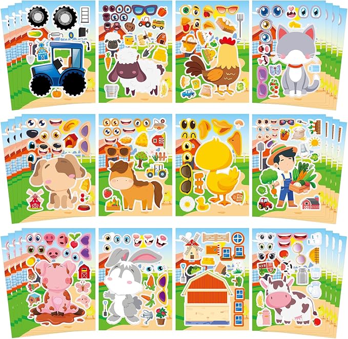48 Sheets Create Funny Farm Animals Stickers, Make a Face Stickers