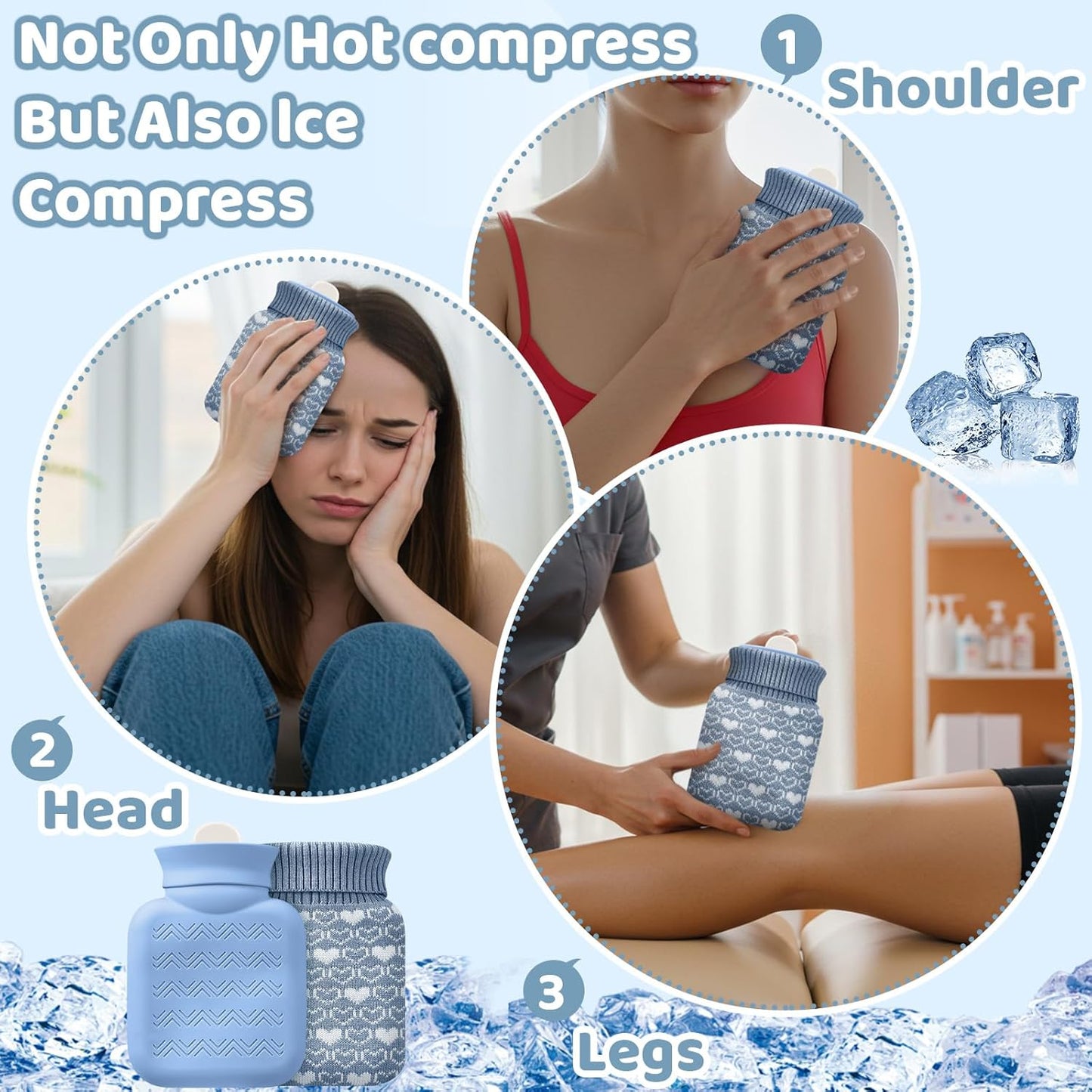 Amylove Mini Hot Water Bottle 320ml for Hot & Cold Compress with Cover Silicone Microwave Heating Small Water Bag for Travel Pain Relief Holiday Gifts(Stone Blue)