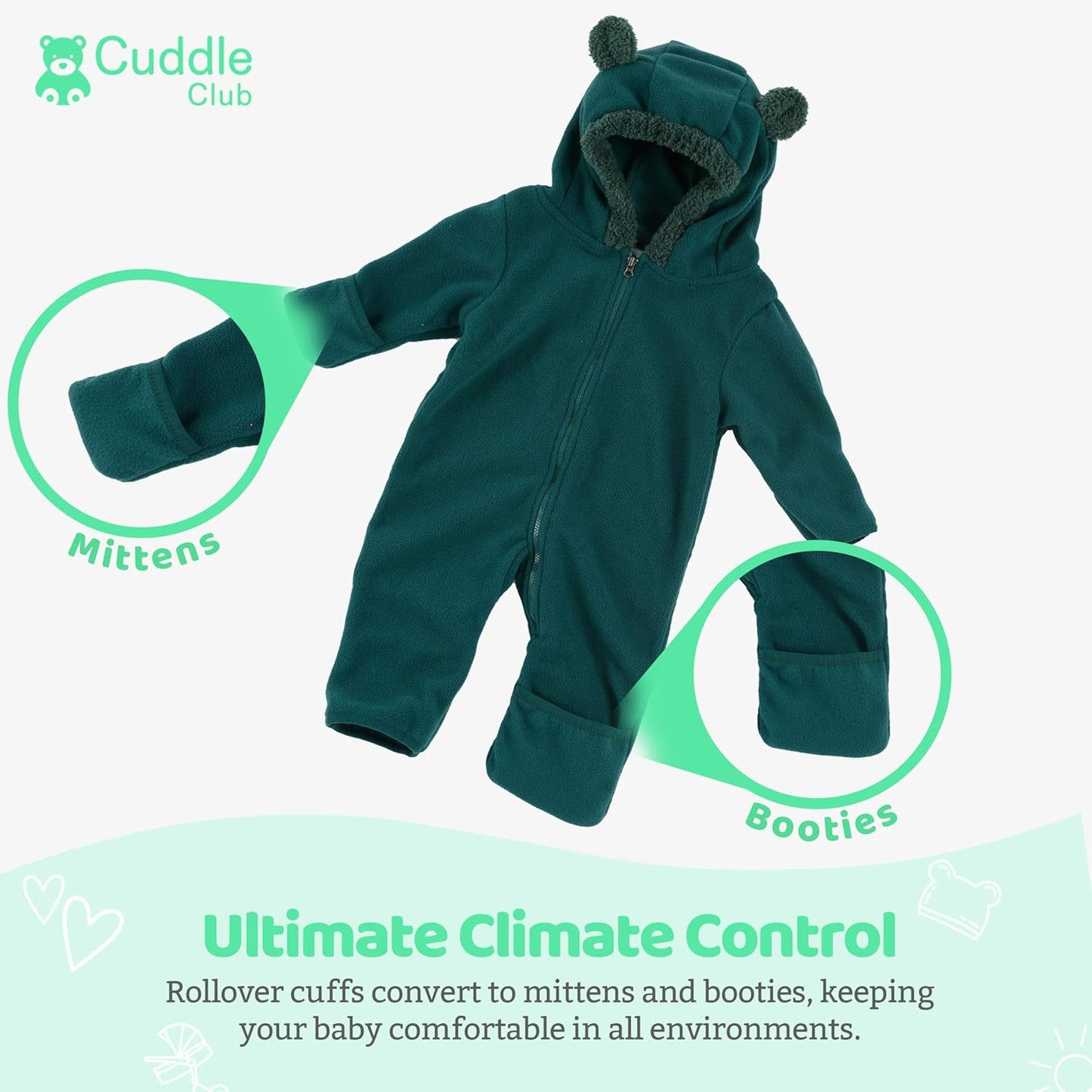 Cuddle Club Fleece Baby Bunting Bodysuit with Hood, Convertible Mittens & Booties, Car Seat Friendly, Soft & Warm, Easy Zip