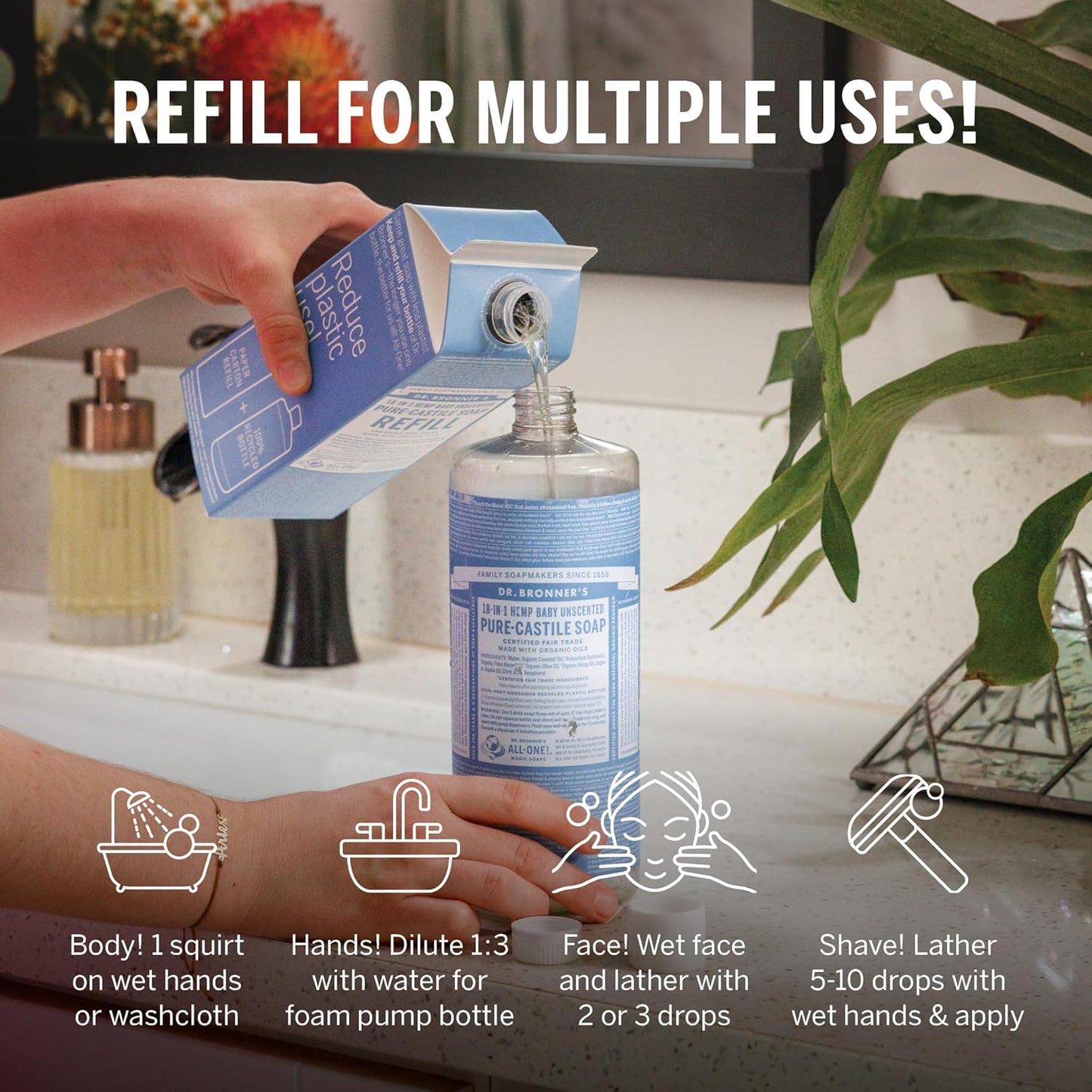 Dr. Bronner's Pure-Castile Liquid Magic Soap Bottle & Refill Carton - Made with Regenerative Organic Certified Oils- 18-in-1 Uses for Face, Body Wash, Hand Soap Refill- Baby Unscented, 32 oz