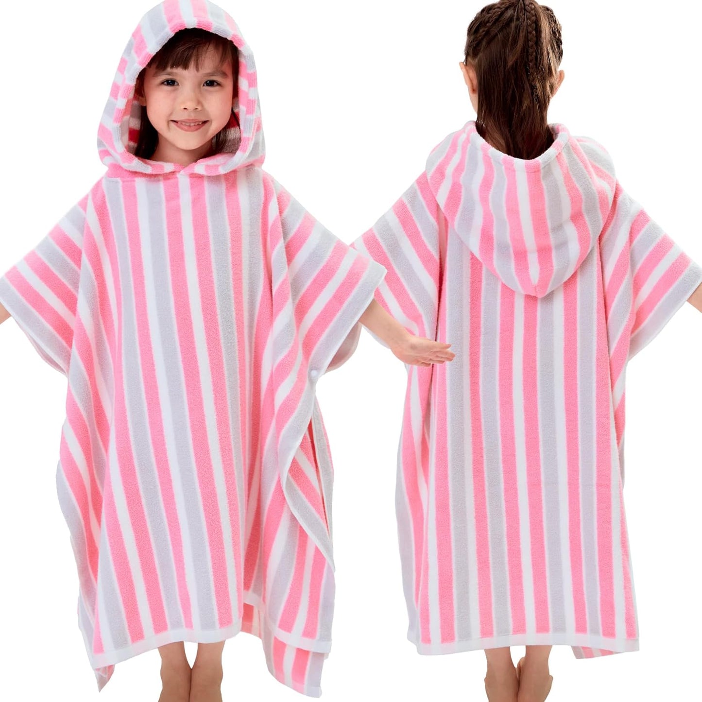 VOOVA & MOVAS Kids Poncho Towels - Soft 100% Cotton (4-8Years), Quick Dry Absorbent Light Weight Hooded Towel for Pool | Swim | Beach | Bath, Pink Gray Stripe