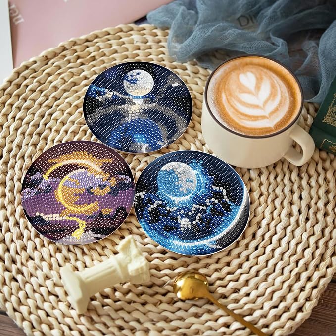 Gemozaic 8PCS Diamond Art Coasters Kit, Moon Night Landscape Diamond Painting