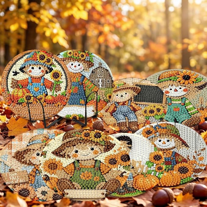 LWZAYS 8 Pcs 5D Autumn Scarecrow Diamond Art Coasters Kits