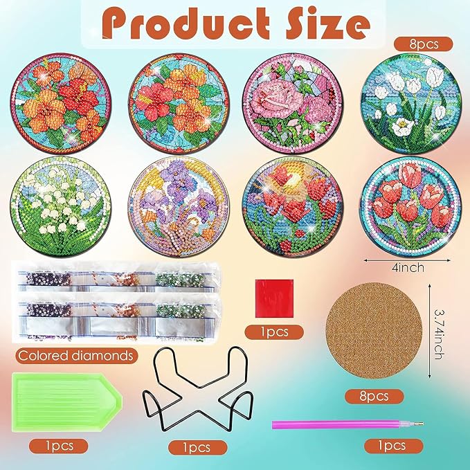 ijbnhd 8 PCS Flowers Diamond Art Coasters | Diamond Painting Coasters Kits