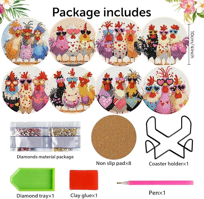 Zythron 8 Pack Diamond Art Coasters, Chicken Diamond Painting Coasters Kits |