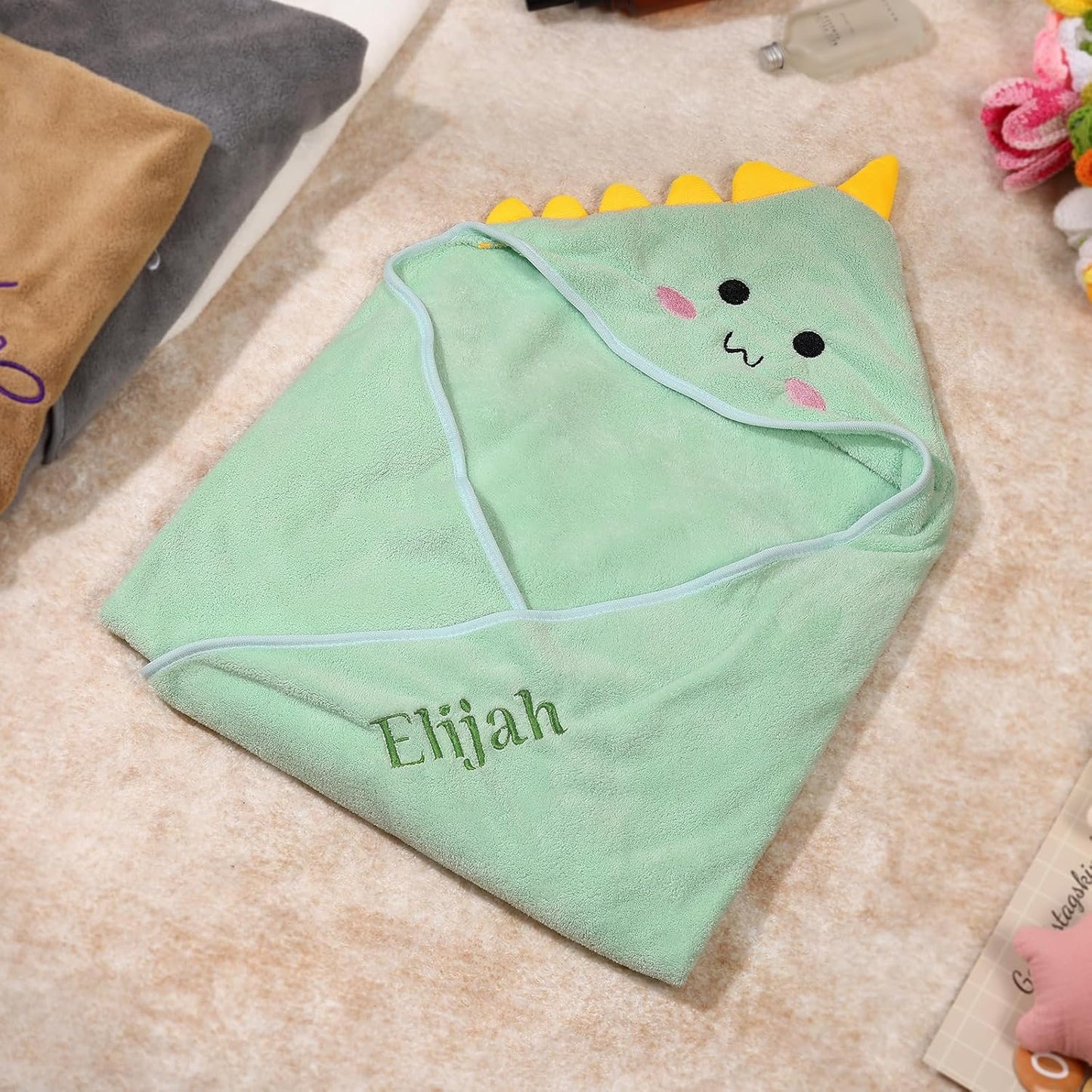 Personalized Baby Towels for Newborn Custom Embroidery Name Hooded Baby Bath Towels for Boy Girl Newborn Essentials Must Haves Shower Gift Soft Coral Velvet 30"x30" (Green)