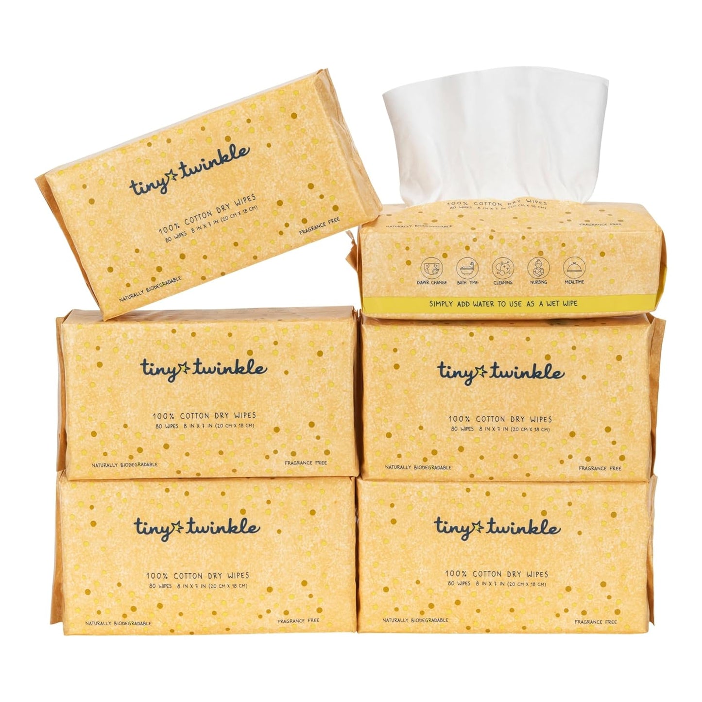 Tiny Twinkle 100% Cotton Dry Wipes for Baby | 480 Count | Use Wet or Dry | Scent Free (Fragrance-Free), Hypoallergenic & Chemical-Free | Ultra Soft, Strong & Gentle for Sensitive Skin