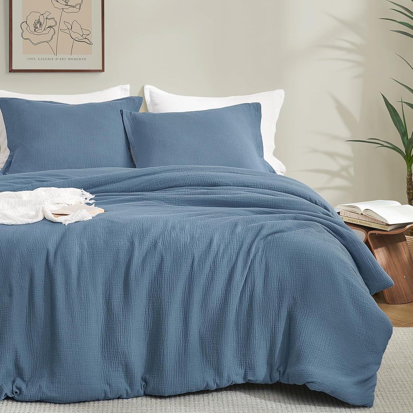 PHF Cotton Muslin Comforter Set Queen Size – Ultra Soft, Breathable & Lightweight Bedding Set for All Seasons, 3 Pieces - 1 Comfy Comforter 90"x90", 2 Pillow Shams 20"x26", Captain's Blue