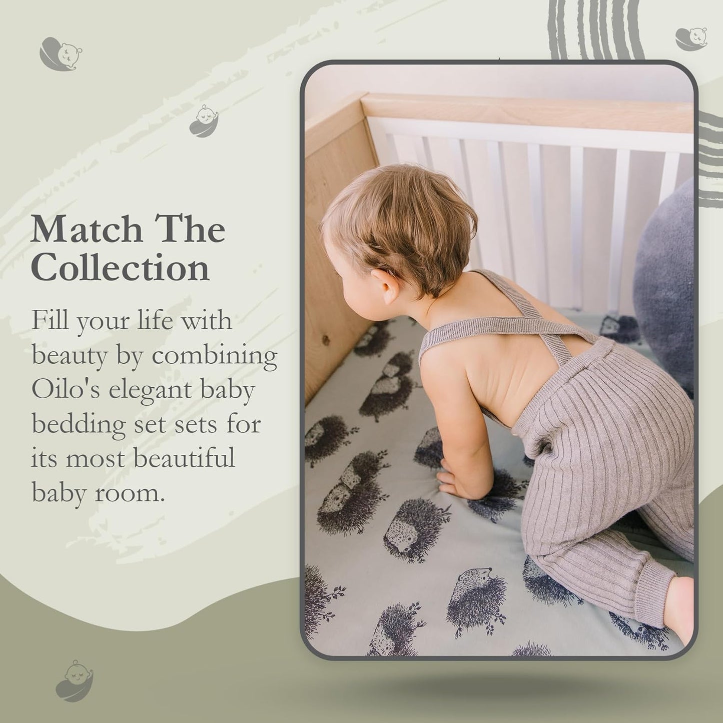Oilo Changing Pad Cover, Breathable 100% Turkish Cotton Fitted Jersey, 300 Thread Count, Machine Washable, Fits Standard Changing Pads (32" x 16"), Girl, Boy, & Neutral Nursery Design, Olive Hedgehog