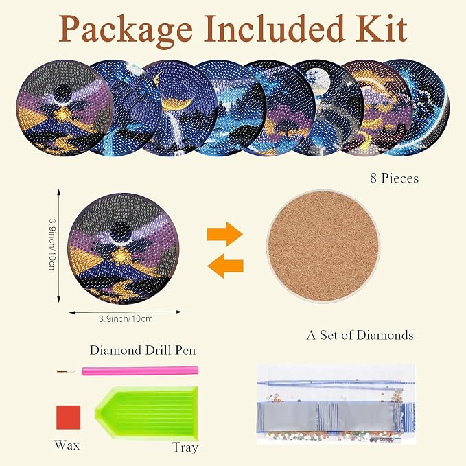 Gemozaic 8PCS Diamond Art Coasters Kit, Moon Night Landscape Diamond Painting