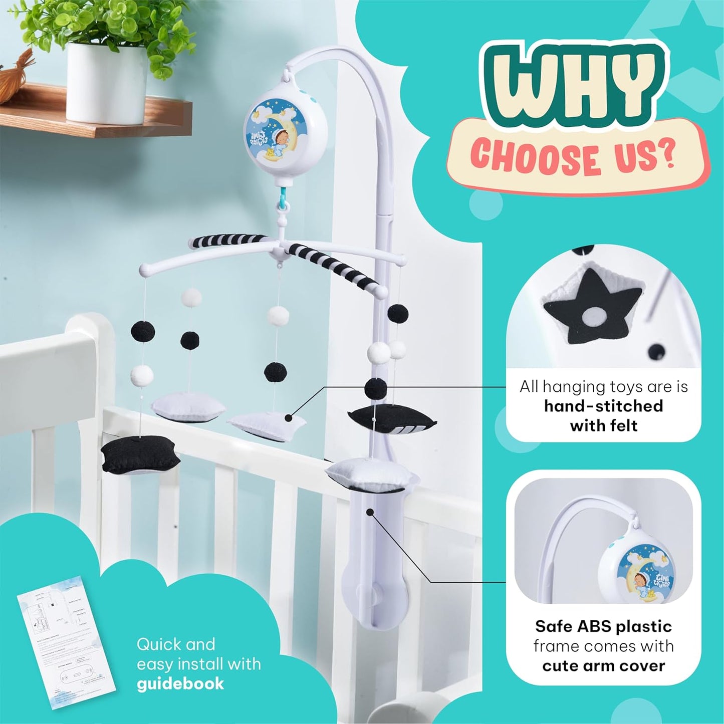 Montessori Mobile Baby for Crib (TINITIGIES) - Black and White Mobile Give Visual Stimulation to Engage Your Newborn - Baby Crib Mobile for Boys & Girls - Baby Mobile for Crib