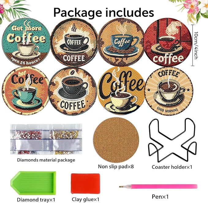 8 Pack Diamond Art Coasters, Coffee Retro Diamond Painting Coasters Kits |