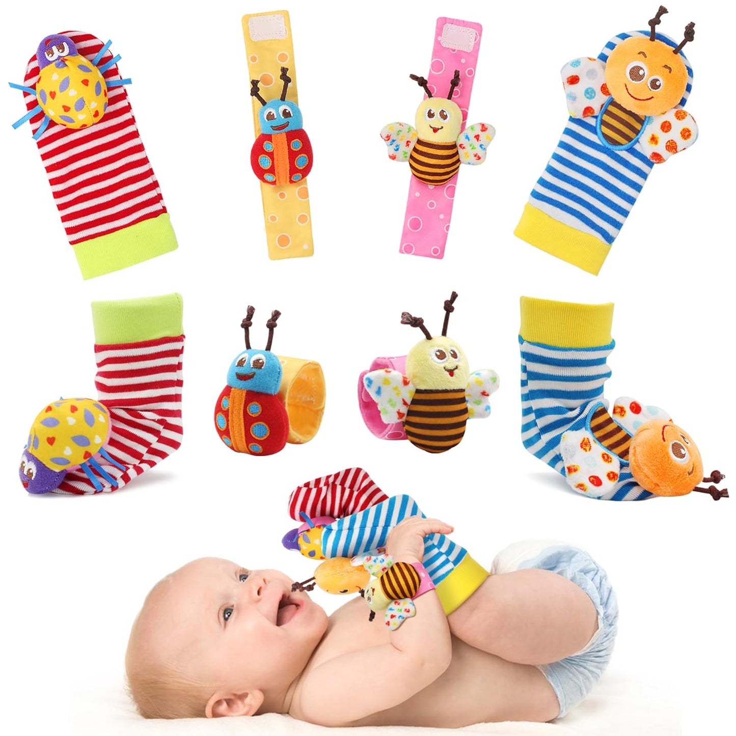 Bloobloomax Baby Rattles Toys for 0-12 Month, Infant Girl Boy Toys for Babies 3-6 Months, Newborn Hand & Foot Toys for 0 to 9 Months, Baby Shower Gifts Set with Wrist Rattle Socks (Pink-8PCS)