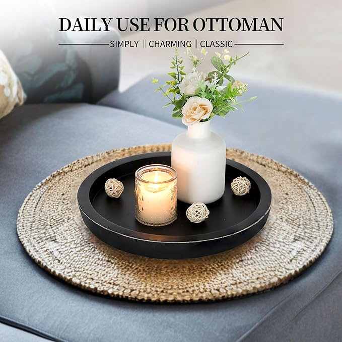 Hanobe Wooden Tray for Coffee Table: Candle Holder Plate Black Round Decorative